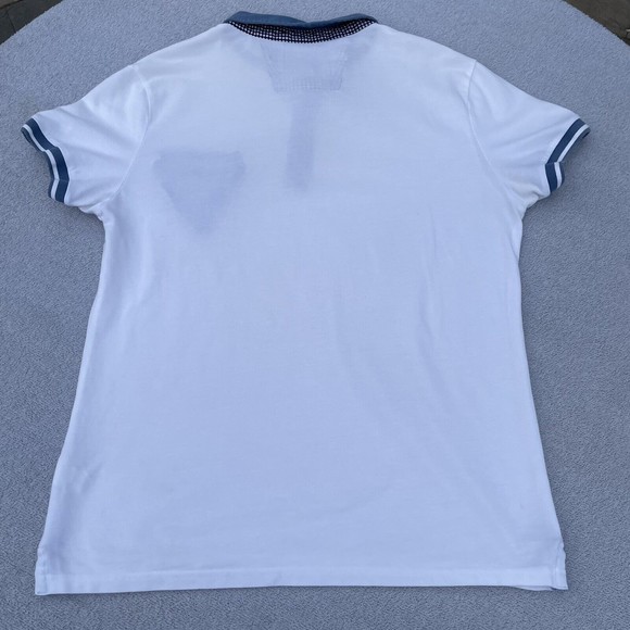 Black Number Polo Shirt Men's Size M/L White with Blue Collar 100% Cotton Pocket - Picture 5 of 13